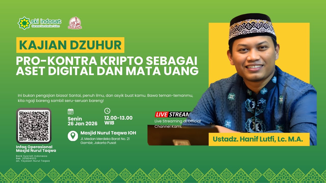 You are currently viewing Kajian Zhuhur – Kajian Dzuhur Ust.Hanif Lutfi, Lc.M.A. Tema : Pro-Kontra Kripto Sebagai Aset Digital dan Mata Uang